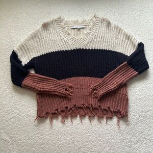 HYFVE V-Neck Colorblock Sweater in Cream, Navy, and Brown